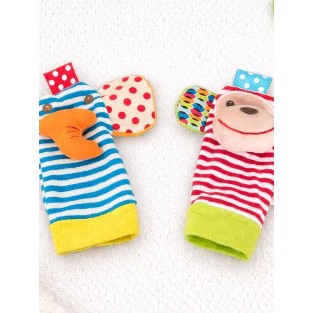 Baby Foot Finder Sock & Wrist Rattle Set 6–12M | Elephant Monkey Sensory Toy Gif